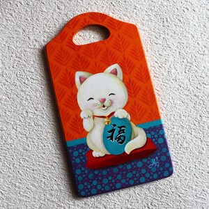 Peinture acrylique sur bois : Maneki  Bonne Chance
