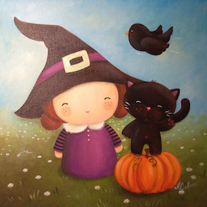 Peinture acrylique sur carton toilé : Ma sorcière bien-aimée... (sorcière, chat noir, corbeau et citrouille)