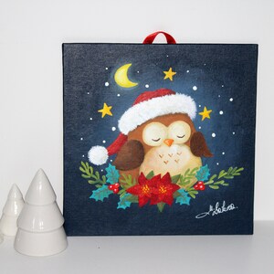 Peinture acrylique sur carton toilé : "Hibou de Noël"