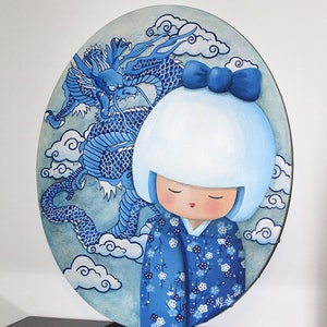 Acrylic painting on canvas: The breath of the dragon (kokeshi and dragon)