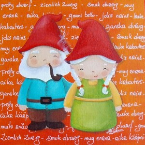Peinture acrylique sur carton toilé AVEC CADRE : Jolis nains