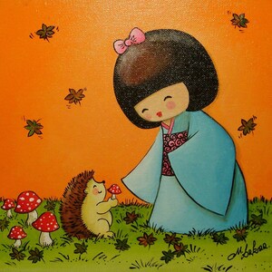 Peinture acrylique sur carton toilé AVEC CADRE : Merci petit hérisson ! (kokeshi et hérisson)