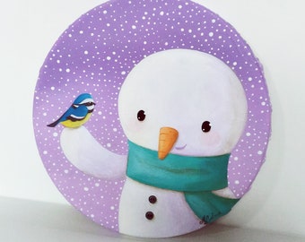Acrylic painting on round canvas: "Tell me, little bird..." (snowman and bird)