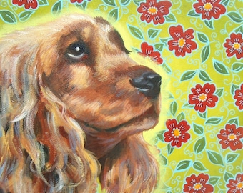 Peinture acrylique sur toile : Ice cream (chien cocker, fond fleuri)