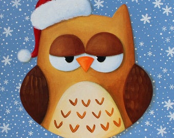 Peinture acrylique sur toile : Chouette, bientôt Noël... (hibou Père Noël)