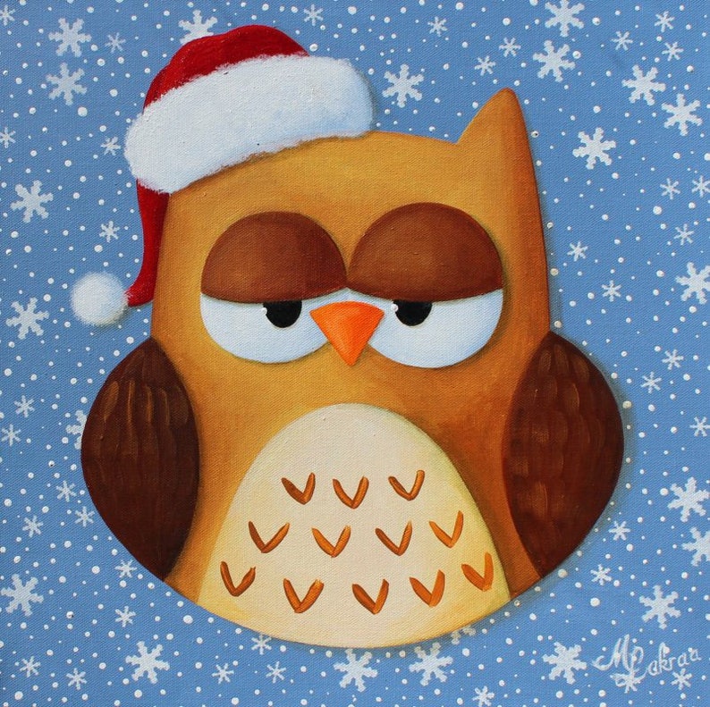 Peinture acrylique sur toile : Chouette, bientôt Noël... hibou Père Noël image 1