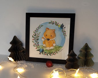 Watercolor WITH FRAME: Little fox and his friends