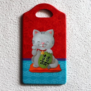 Peinture acrylique sur bois : Maneki Double Bonheur