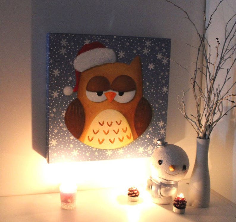 Peinture acrylique sur toile : Chouette, bientôt Noël... hibou Père Noël image 2