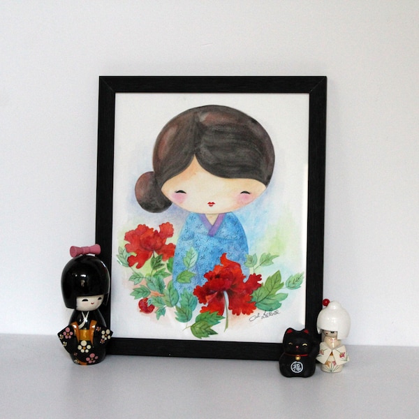 Aquarelle AVEC CADRE : Mariko aux pivoines II (kokeshi)