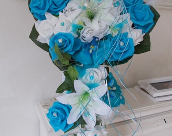 bouquet mariée bleu turquoise et blanc bouquet cascade bouquet orchidées bouquet artificiel bouquet de la mariée fleurs turquoises