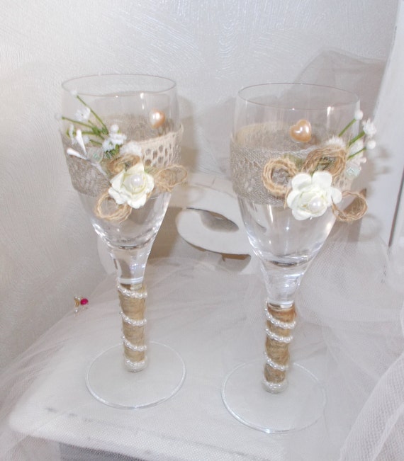 Two Vintage Rustic Country Chic Wedding Champagne Flutes Etsy