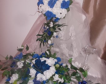 royal blue bridal bouquet, royal blue bridal bouquet; royal blue bride and groom car