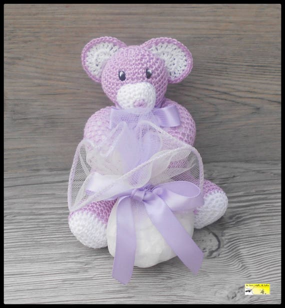 purple and white teddy bear