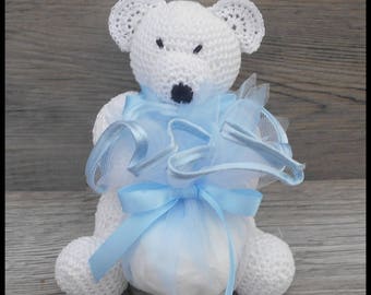 10 porte dragées nounours blanc et bleu au crochet pour baptême