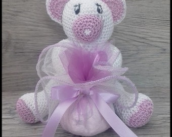 10 porte dragées nounours blanc et parme au crochet pour baptême, anniversaire, mariage