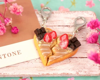 BFF charm Chocolate heart biscuits and strawberries, mounted on a classic silver carabiner, to decorate bag, kit or key ring