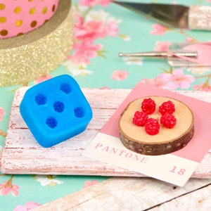 May include: A blue silicone mould with six cavities shaped like raspberries. A wooden slice with five red raspberry-shaped sweets sits on a pink card with the text "PANTONE 18" printed on it.