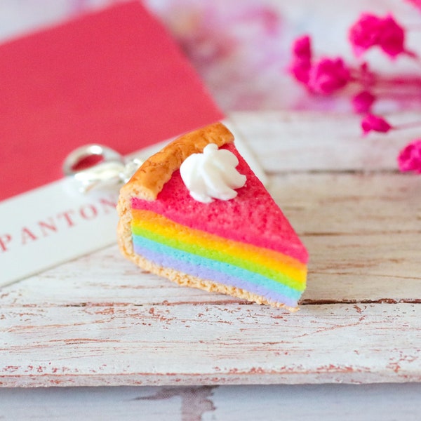 Charm Part de rainbow cheesecake tarte réalisé en pâte polymère mousqueton argenté classique pour agrémenter sac trousse ou porte-clefs