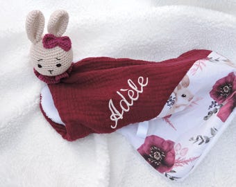 Personalized flat rabbit comforter / crochet / rabbit print fabric / double cotton gauze / bamboo sponge / white, burgundy, beige
