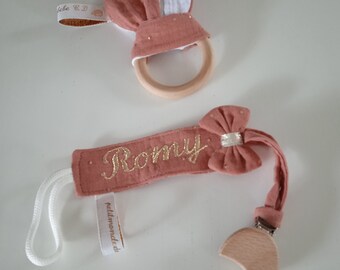 Pacifier clip & personalized ring set / made from double cotton gauze