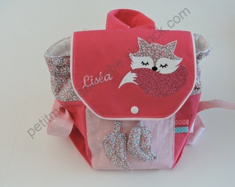 Sac à dos bébé, enfant personnalisable renard qui dort , prénom brodé ,  confectionné en tissus coton & Liberty Éloïse coloris dragée