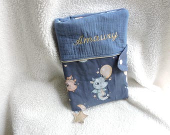 Personalized health record book cover / dragons / double cotton gauze / printed cotton / denim blue