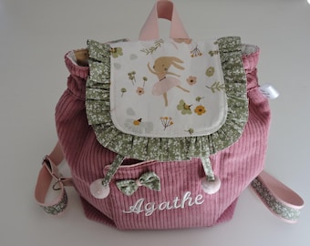 Mochila personalizada / bebés / niños / conejo / terciopelo / tela estampada / rosa / verde