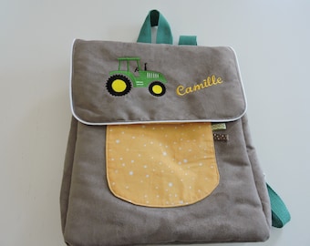 Backpack babies and children tractor boy, customizable, made of suede fabrics and cotton