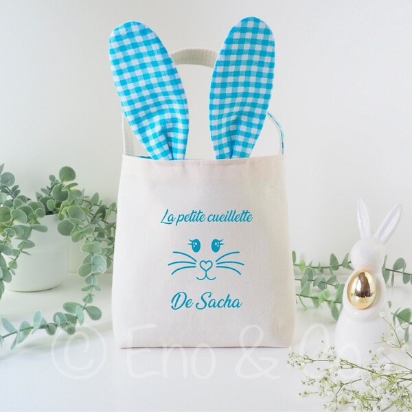 Panier de Pâques personnalisable, chasse aux oeufs, sac oeuf de Pâques, Sac lapin de Pâques VICHY BLEU TURQUOISE