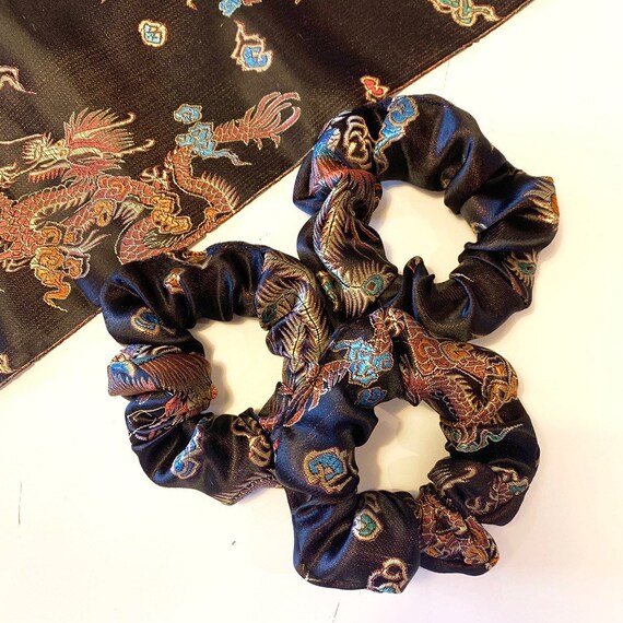 Red Chinese Brocade Dragon Pattern Scrunchie Hair Ties Etsy
