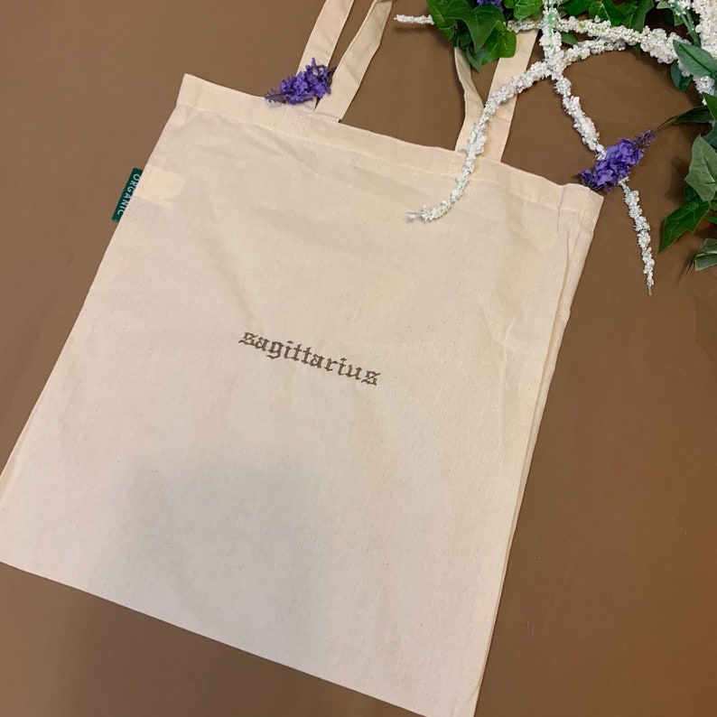 Zodiac Star Sign Sagittarius Gothic Type Font embroidered Organic Tote
