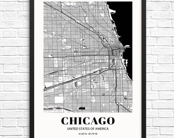 11 x 14 IL Black /& White Art Deco City Map Print//Poster Chicago