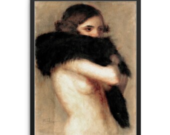 Nude Woman With Black Feather Boa Figurative Art Print | Trendy Vintage Poster | DIGITAL DOWNLOAD | Female Portrait Gallery Wall Art Decor