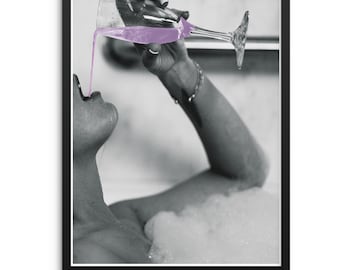 Bathroom Art Print Wall Poster Woman Drinking Champagne in Bubble Bath - DIGITAL DOWNLOAD - Modern Artwork for Bedroom or Living Room