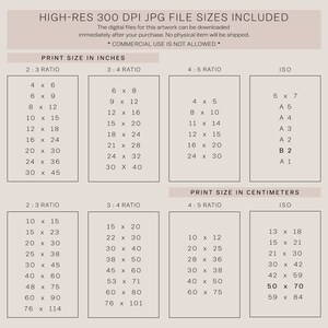 May include: A chart showing the different print sizes available for digital artwork in inches and centimeters. The chart includes 2:3, 3:4, 4:5 ratios and ISO standard sizes. The text "HIGH-RES 300 DPI JPG FILE SIZES INCLUDED" is at the top of the chart. The text "COMMERCIAL USE IS NOT ALLOWED" is in the middle of the chart.