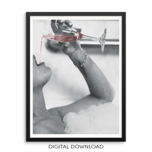 Bathroom Art Print Wall Poster Woman Drinking Rosé Champagne in Bubble Bath - DIGITAL DOWNLOAD - Modern Artwork for Bedroom or Living Room