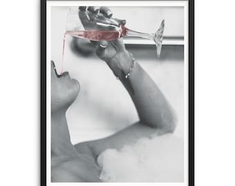 Bathroom Art Print Wall Poster Woman Drinking Rosé Champagne in Bubble Bath - DIGITAL DOWNLOAD - Modern Artwork for Bedroom or Living Room