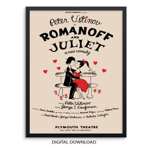 Plakat filmowy w stylu vintage Romanoff i Julia Wydruk artystyczny | POBIERANIE CYFROWE | Neutralne kolory Sztuka ścienna do baru, przedpokoju lub salonu