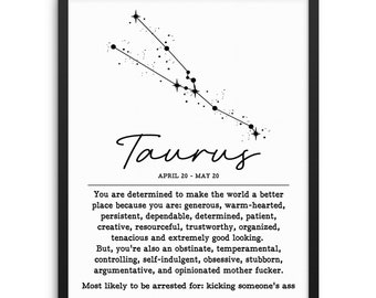 TAURUS Zodiac Sign Constellation Art Print | DIGITAL DOWNLOAD | Funny Sarcastic Adult Humor Poster Artwork for Bedroom or Birthday Gift