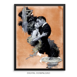 Couple Kissing Art Print Vintage Poster | DIGITAL DOWNLOAD | Eclectic Artwork for Couple&#39;s Bedroom or Living Room Gallery Wall Decor