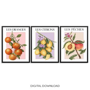 Set of 3 Gallery Wall Pastel Colors Fruit Market Art Prints |DIGITAL DOWNLOAD| Lemons Oranges and Peaches Colorful Wall Art for Kitchen