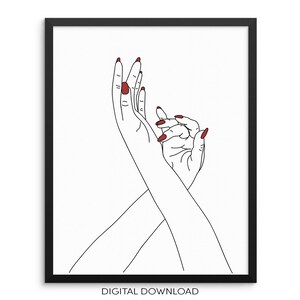 Abstract Woman Hands Fine Line Art Print | DIGITAL DOWNLOAD |  Red Nails Trendy Wall Art | Fashion and Beauty Artwork for Bedroom Wall Decor