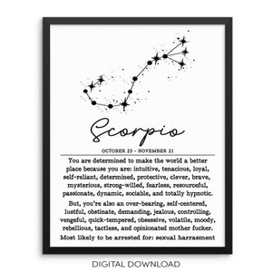 May include: Black and white printable digital download of a zodiac sign for Scorpio. The constellation is depicted with stars and the text "Scorpio" and "October 23 - November 21". The text below the constellation describes the personality traits of a Scorpio.