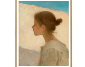 Young Woman Portrait Art Print | Minimalist Female Vintage Poster | DIGITAL DOWNLOAD | Neutral Colors Figurative Artwork for Gallery Wall