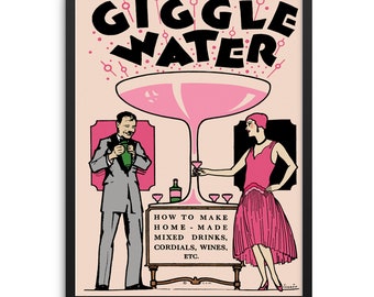 Vintage Cocktail Retro Poster Giggle Water Art Print |DIGITAL DOWNLOAD| Pink Theme Wall Art for Bar Cart, Entryway or Living Room Decor