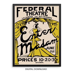 Eklektyczny wydruk artystyczny w stylu vintage z plakatu filmowego - Enter Madam | POBIERANIE CYFROWE | Modna sztuka ścienna do baru, przedpokoju lub salonu