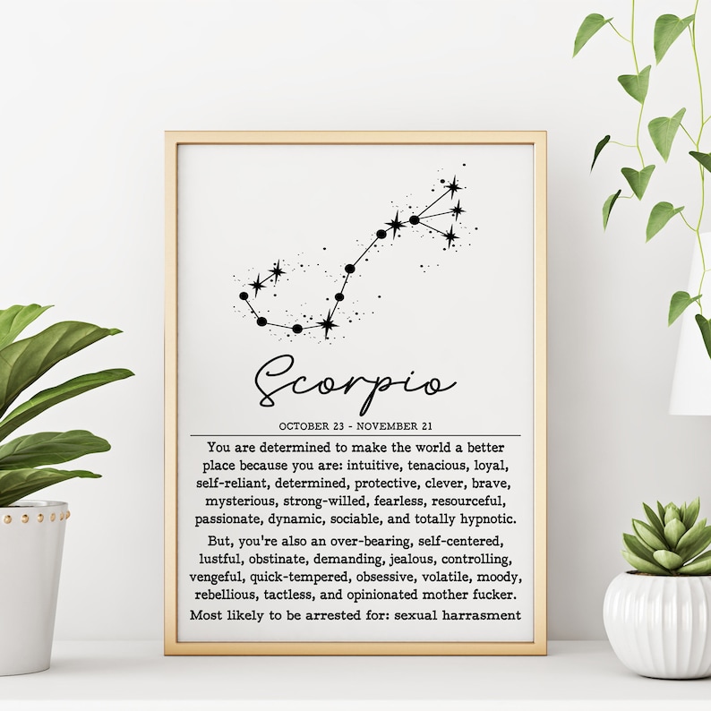 SCORPIO Zodiac Sign Constellation Trendy Art Print | DIGITAL DOWNLOAD | Sarcastic Adult Humor Wall for Bedroom Decor | Scorpio Birthday Gift