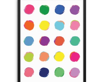 Könnte beinhalten: Ein digitaler Download eines druckbaren Kunstdrucks mit einem Raster aus 20 bunten Kreisen in verschiedenen Schattierungen von Rosa, Rot, Orange, Gelb, Grün, Blau und Lila. Die Kreise sind in einem Rastermuster auf weißem Hintergrund angeordnet.