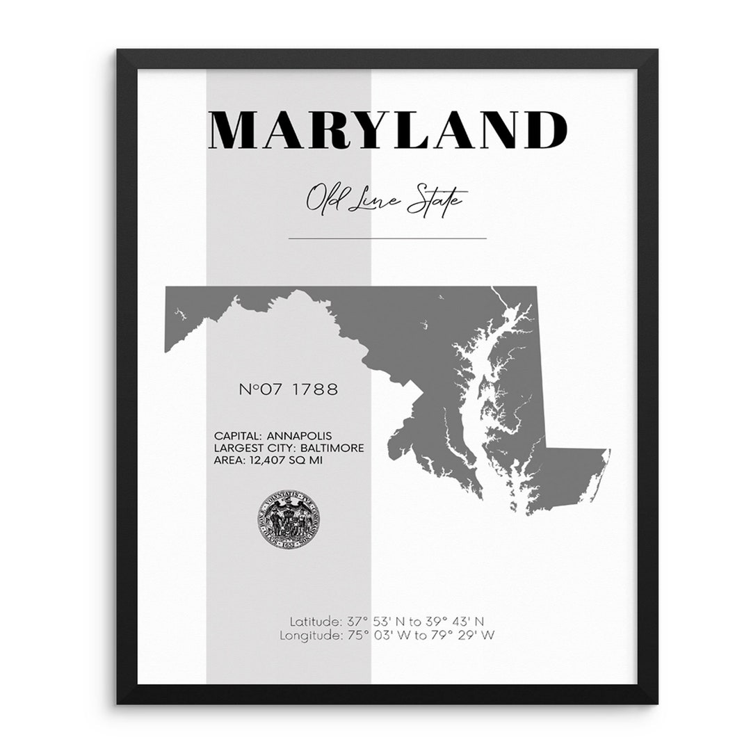 Maryland State Map Poster With Demographics Minimalist Home Decor
